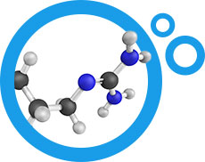 wizualizacja budowy chemicznej w niebieskim okrągłym obramowaniu