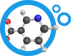 wizualizacja budowy chemicznej niacyna w niebieskim okrągłym obramowaniu